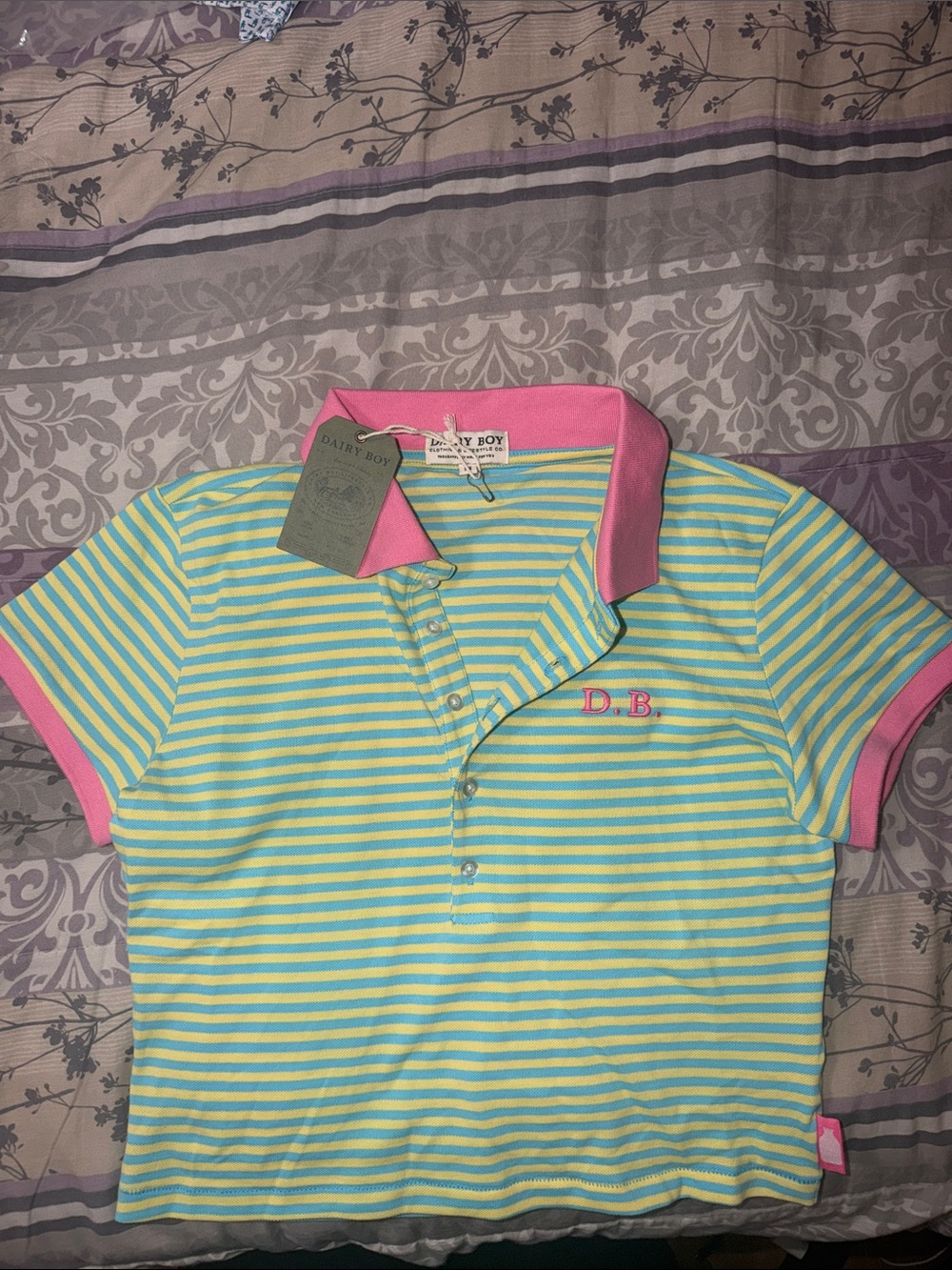 Dairy Boy Pastel Striped Crop Polo Top with Pink Collar
